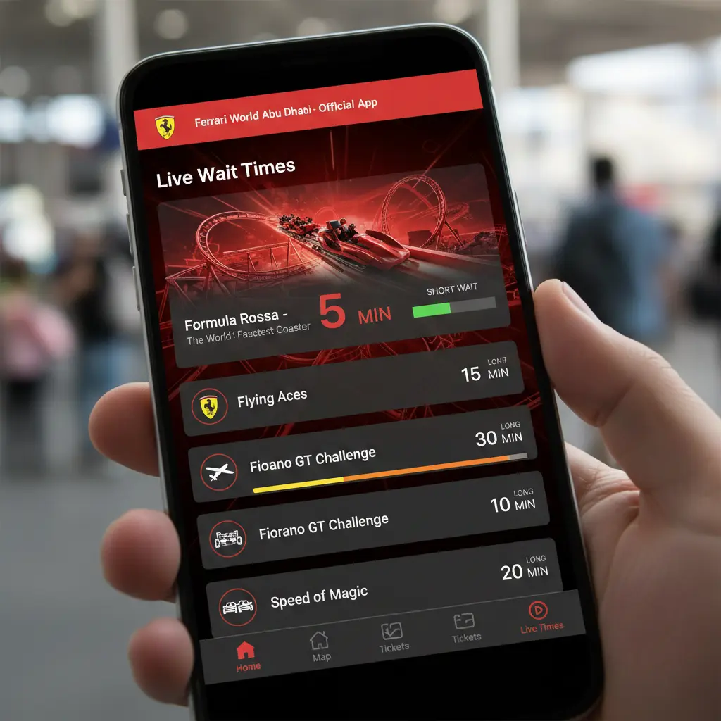 Ferrari World app displaying live wait times